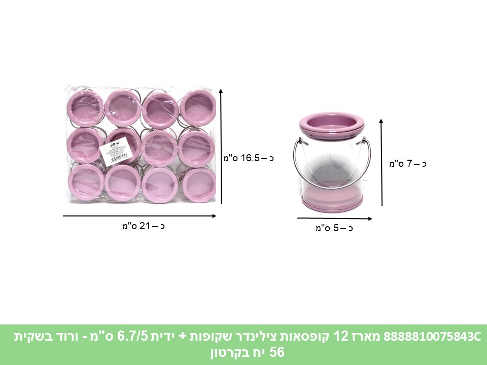 544.מארז 12 קופסאות צילינדר ורודות שקופות + ידית 6.7/5 ס"מ בשקית (56) (ARIZOT)