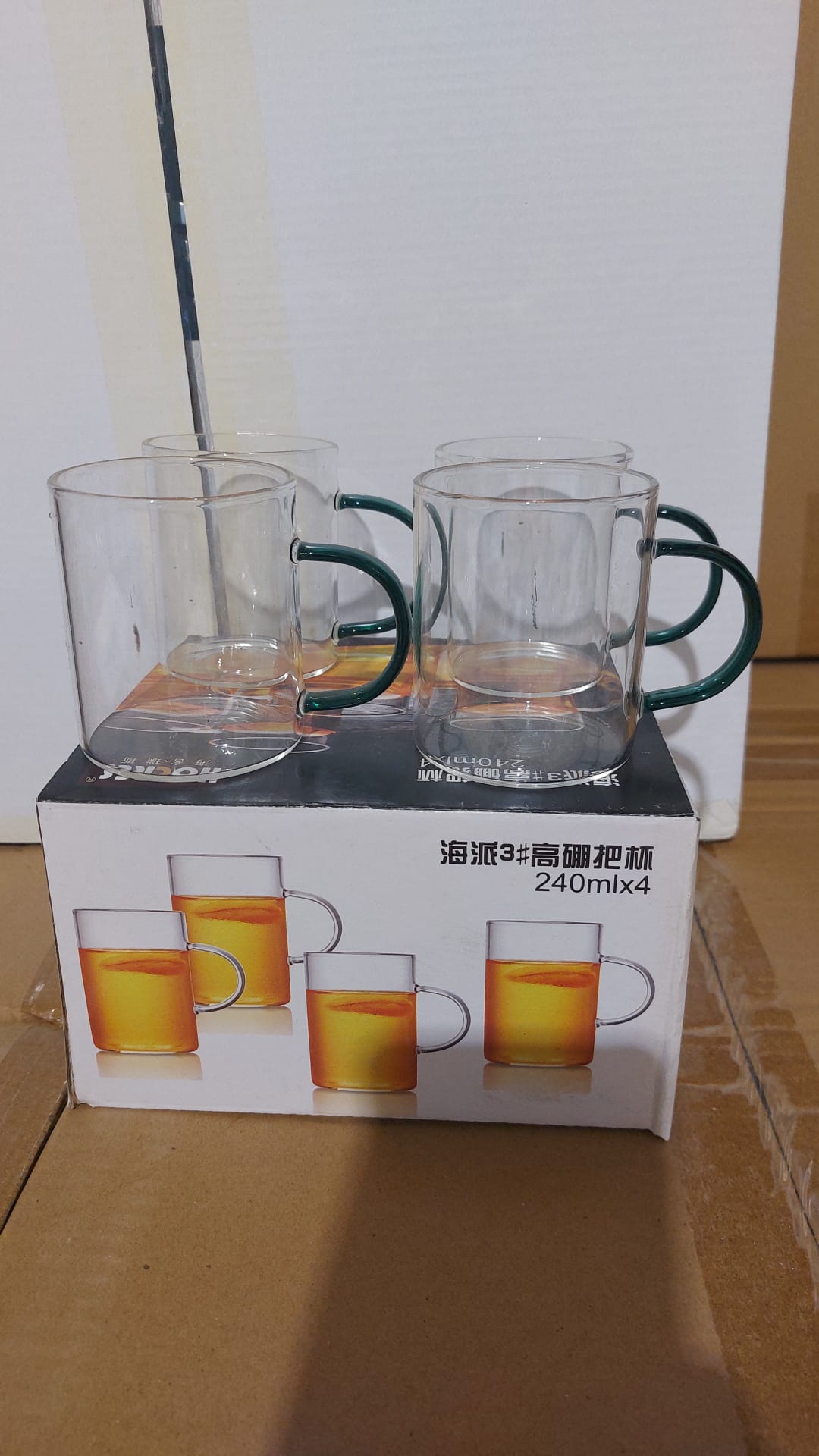 ז. מארז 4 כוסות ידית קטנה 240 מ"ל זכוכית בקופסא (8233686) (קרטון סגור!!) (22)