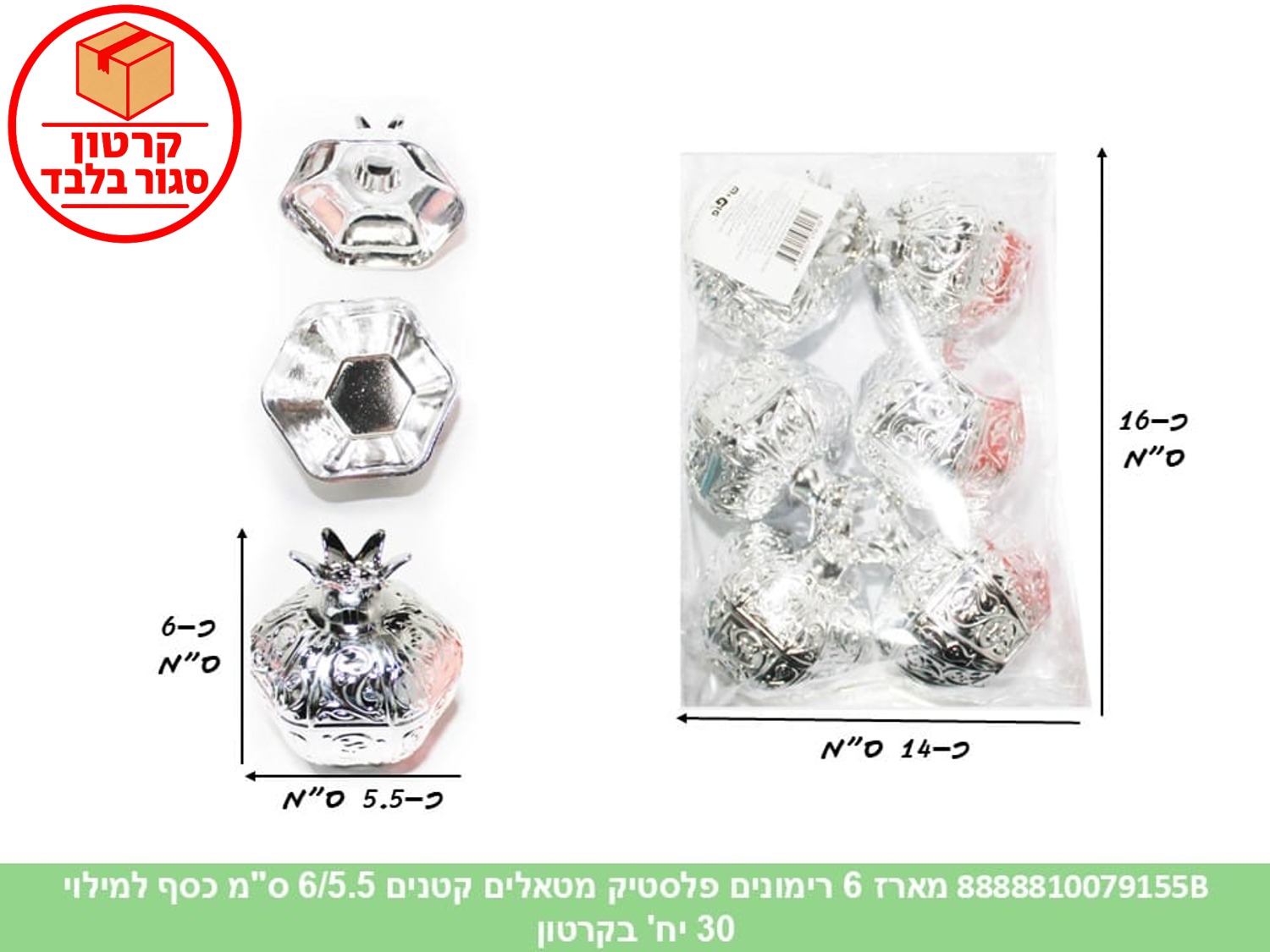 036.מארז 6 רימונים פלסטיק מטאלים קטנים 6/5.5 ס"מ כסף למילוי (30) (ARIZOT) (ROSH)