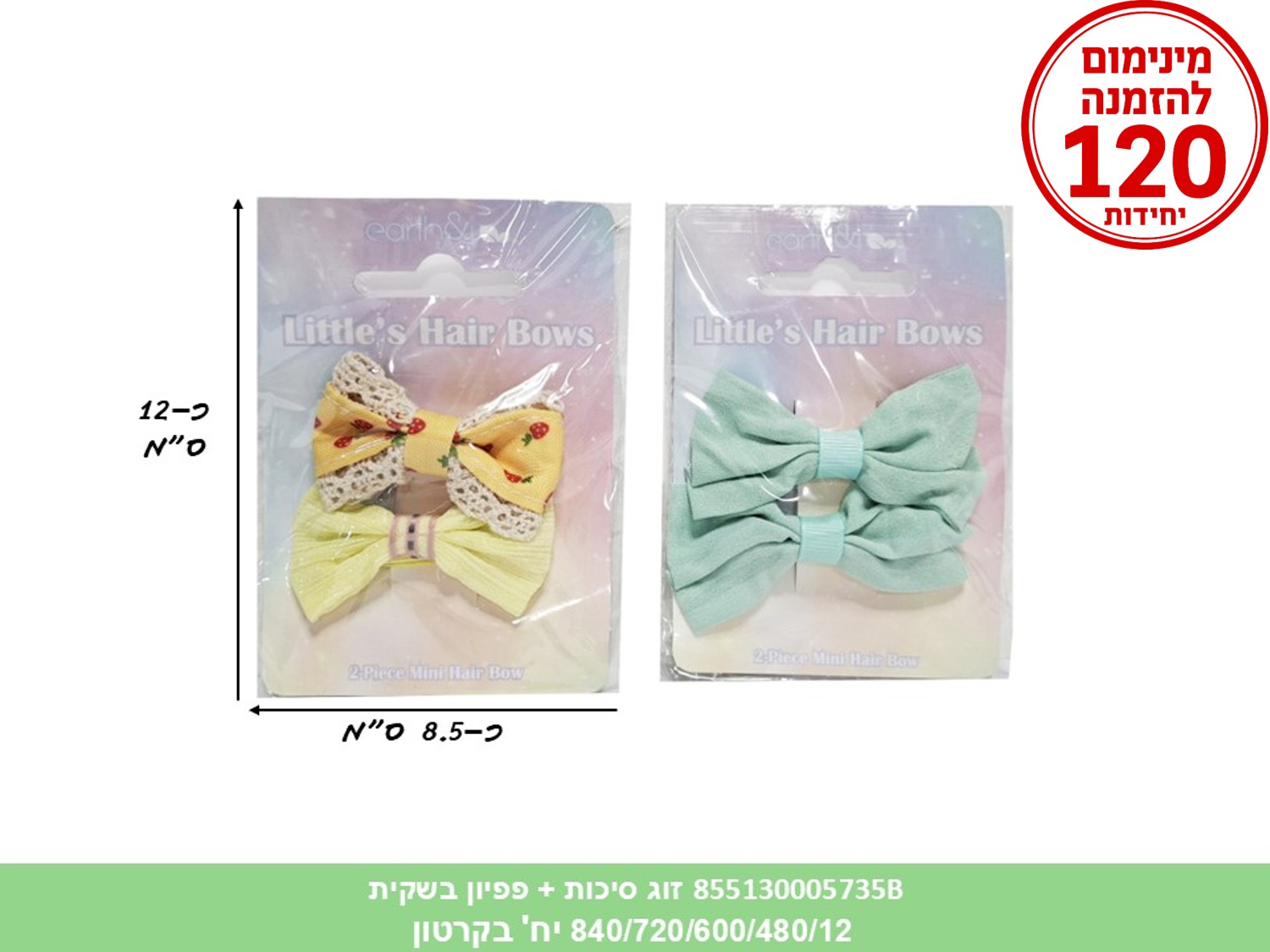 אביזרי שיער - זוג סיכות + פפיון בשקית (840/720/600/480/12)