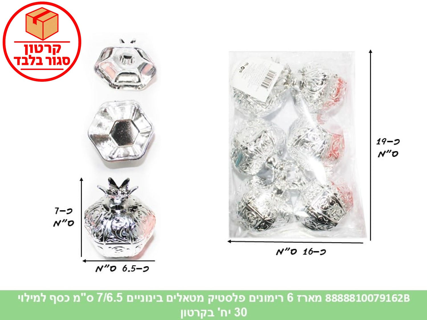032.מארז 6 רימונים פלסטיק מטאלים בינוניים 7/6.5 ס"מ כסף למילוי (30) (ARIZOT) (RO