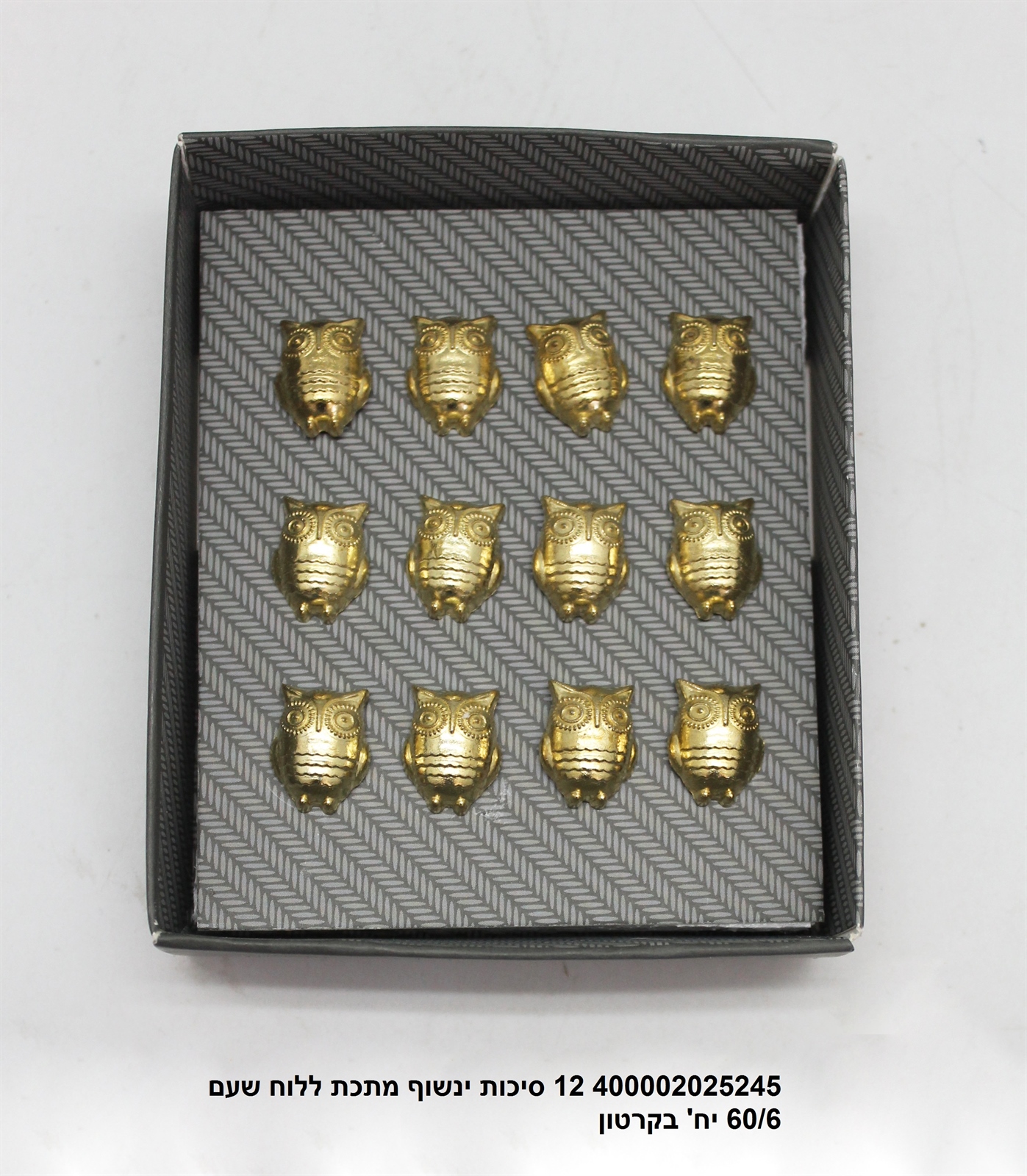 מארז 12 סיכות ינשוף מתכת ללוח שעם