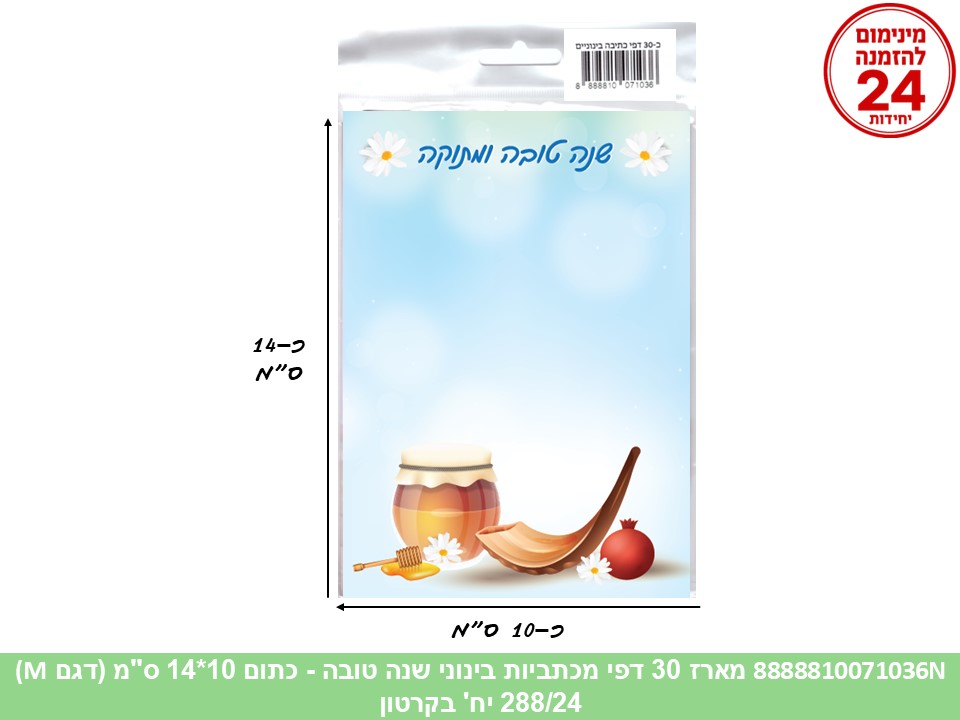 051.מארז 30 דפי מכתביות בינוני שנה טובה - תכלת 10*14 ס"מ (288/24) (ART) (ROSH)