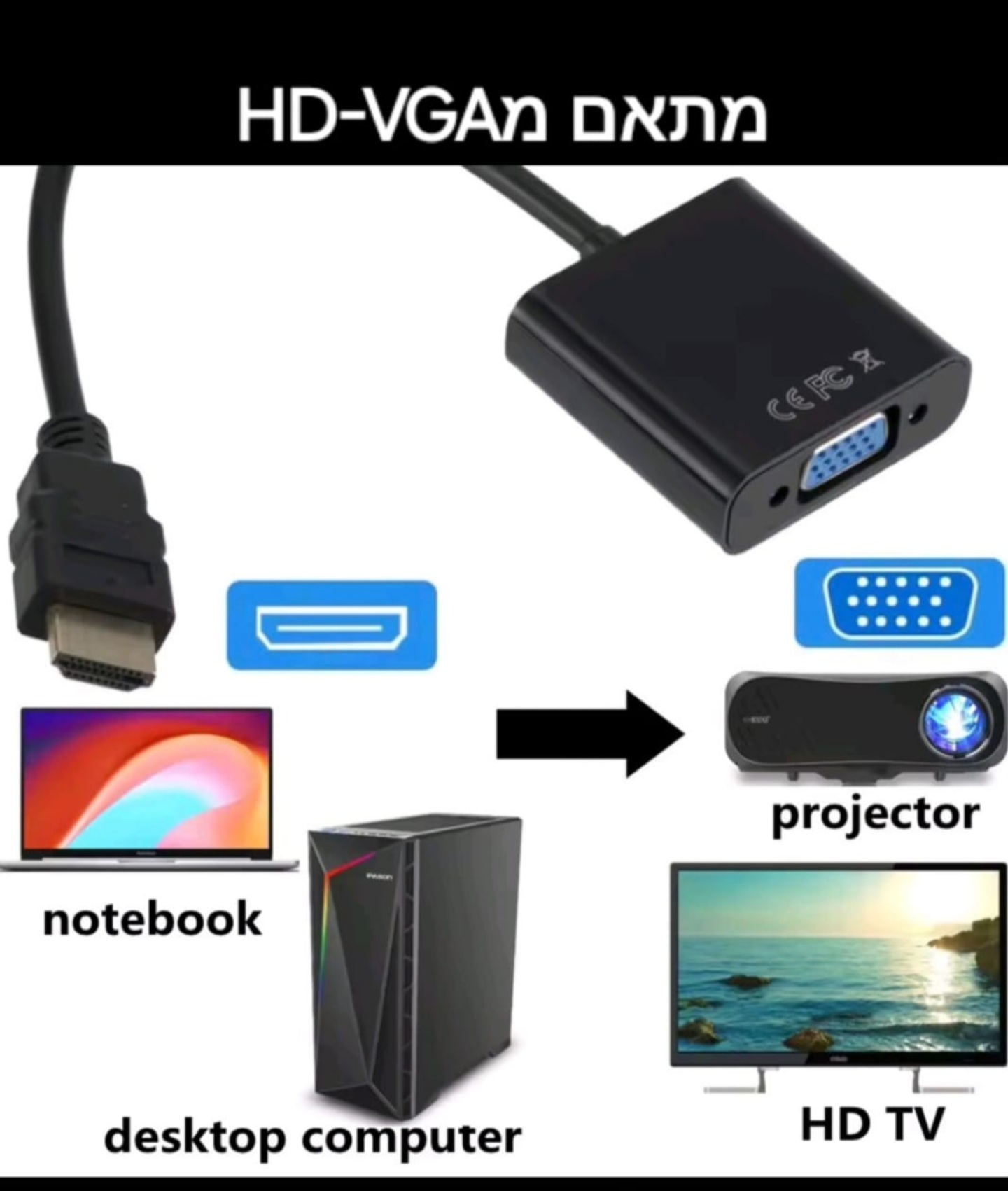 מתאם hdmi ל vga כולל אודיו