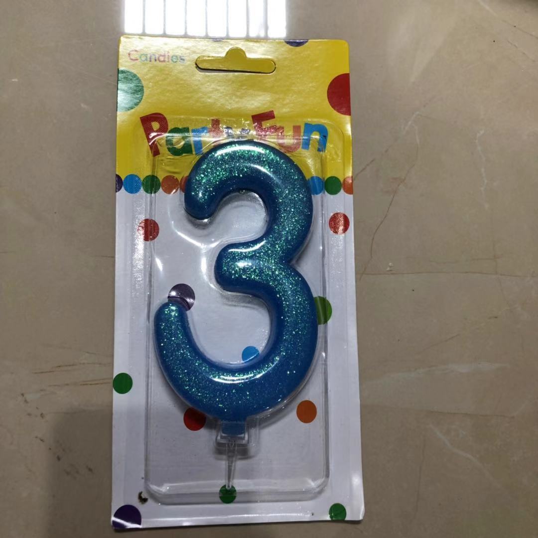 נר כחול נצנצים מספר 3  12 סמ