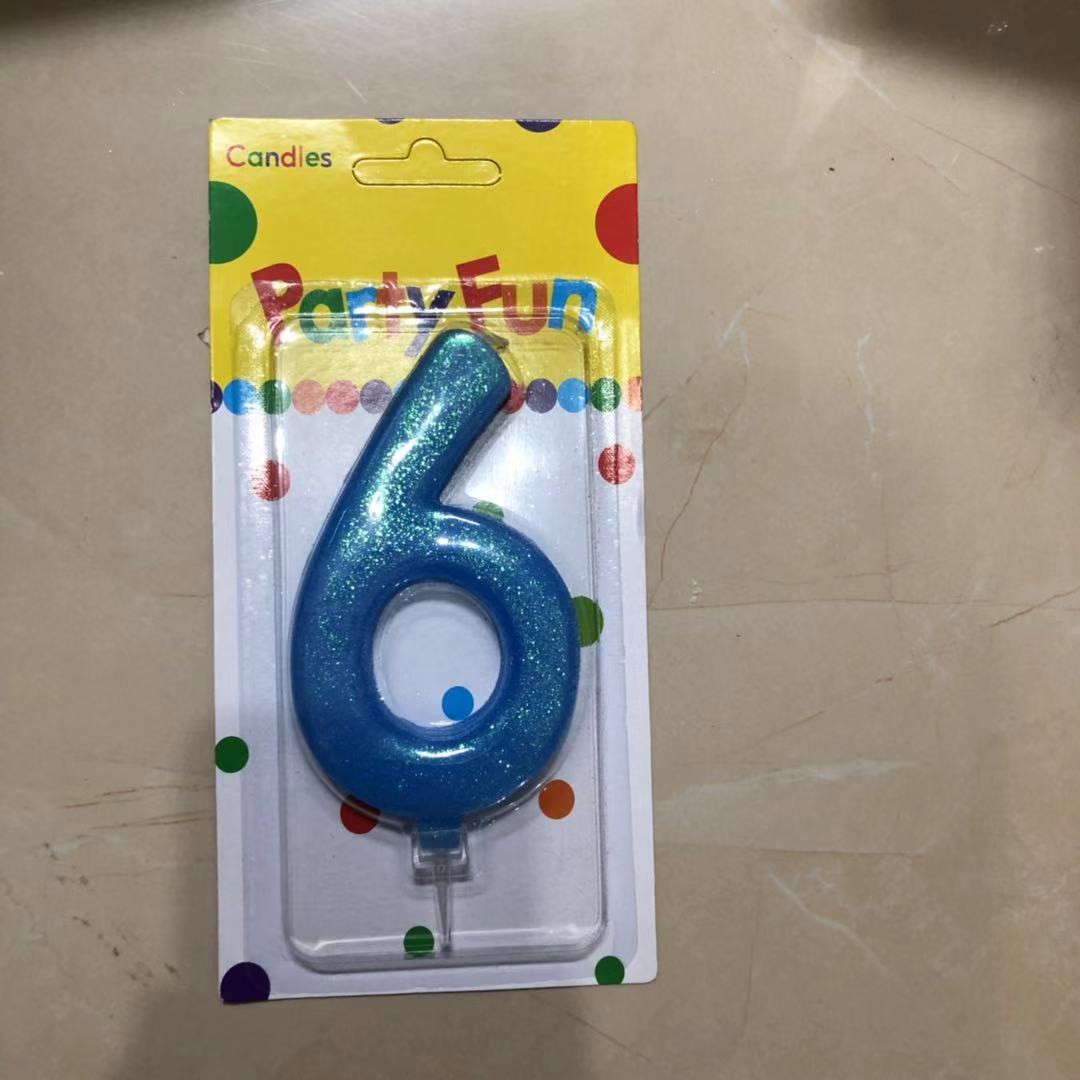 נר כחול נצנצים מספר 6  12 סמ
