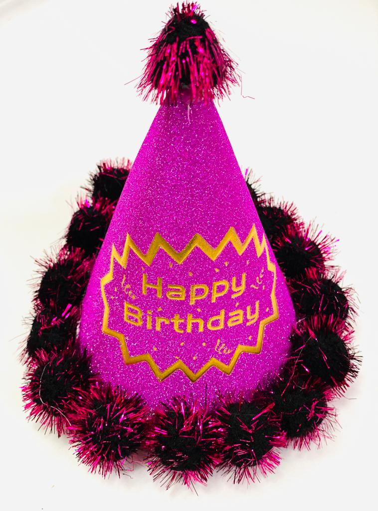 כובע קונוס פונפונים נצנצים HAPPY BIRTHDAY ורוד זהב  19 ס"מ