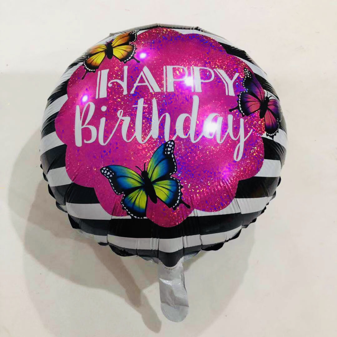 בלון 18" מיילר HAPPY BIRTHDAY פסים שחור לבן כיתוב רקע ורוד מנצנץ
