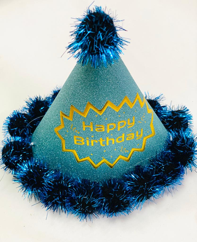 כובע קונוס פונפונים נצנצים HAPPY BIRTHDAY תכלת זהב 19ס"מ