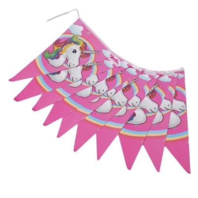 חד קרן 2 - שרשרת דגלונים משולשים רקע ורוד