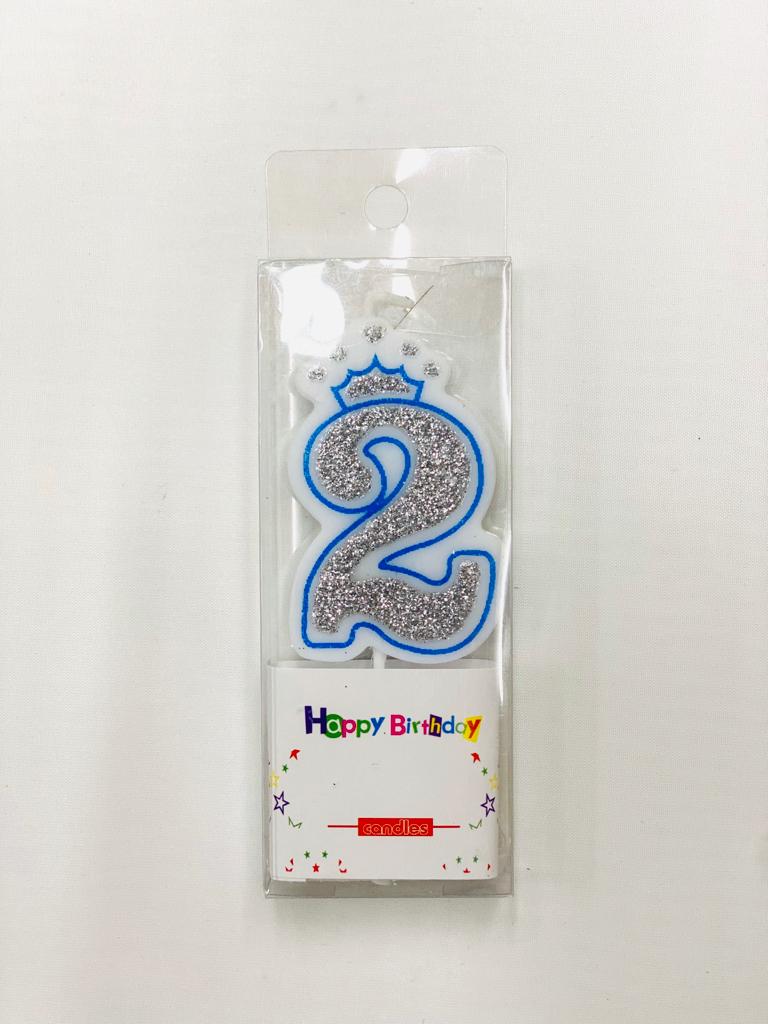 נר מספר 2 כתר נצנצים תכלת - 10 סמ
