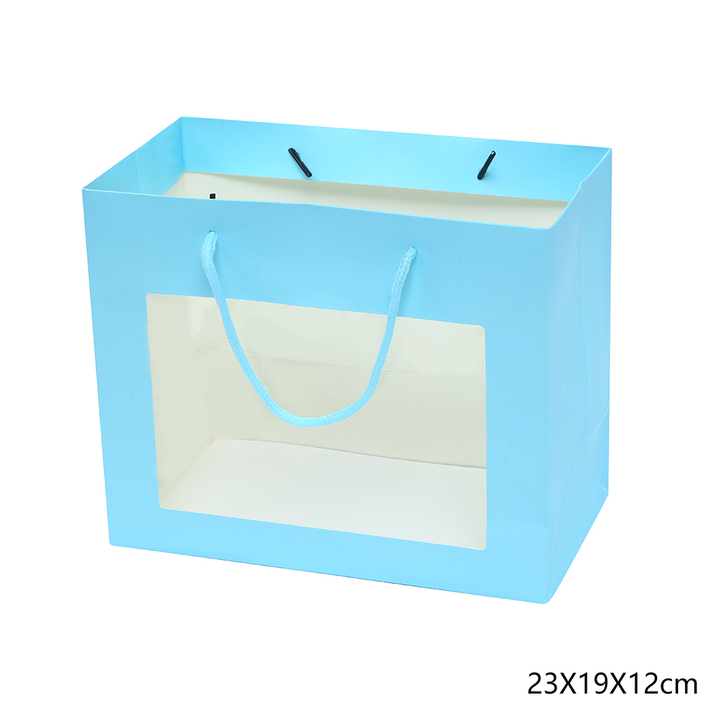 שקית קרטון חלון שקוף תכלת עם שרוך 12*23*19 ס"מ ( 24 ) 