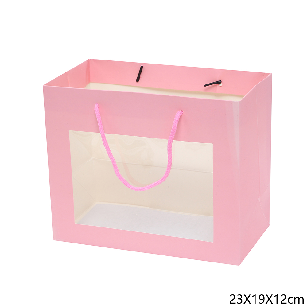 שקית קרטון חלון שקוף ורוד עם שרוך 12*23*19 ס"מ ( 24 )